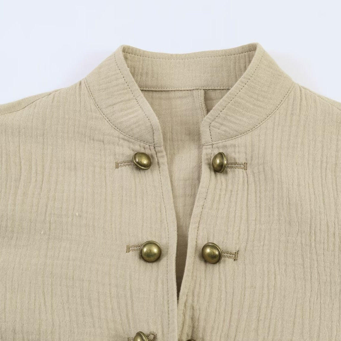 Women lightweight tailored cotton blazer jacket with stand-up collar and decorative button placket Fashion Glam