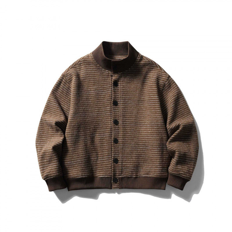 Unisex Boxy Knit Jacket in Bomber Style with Stand Collar and Button Placket Fashion Glam