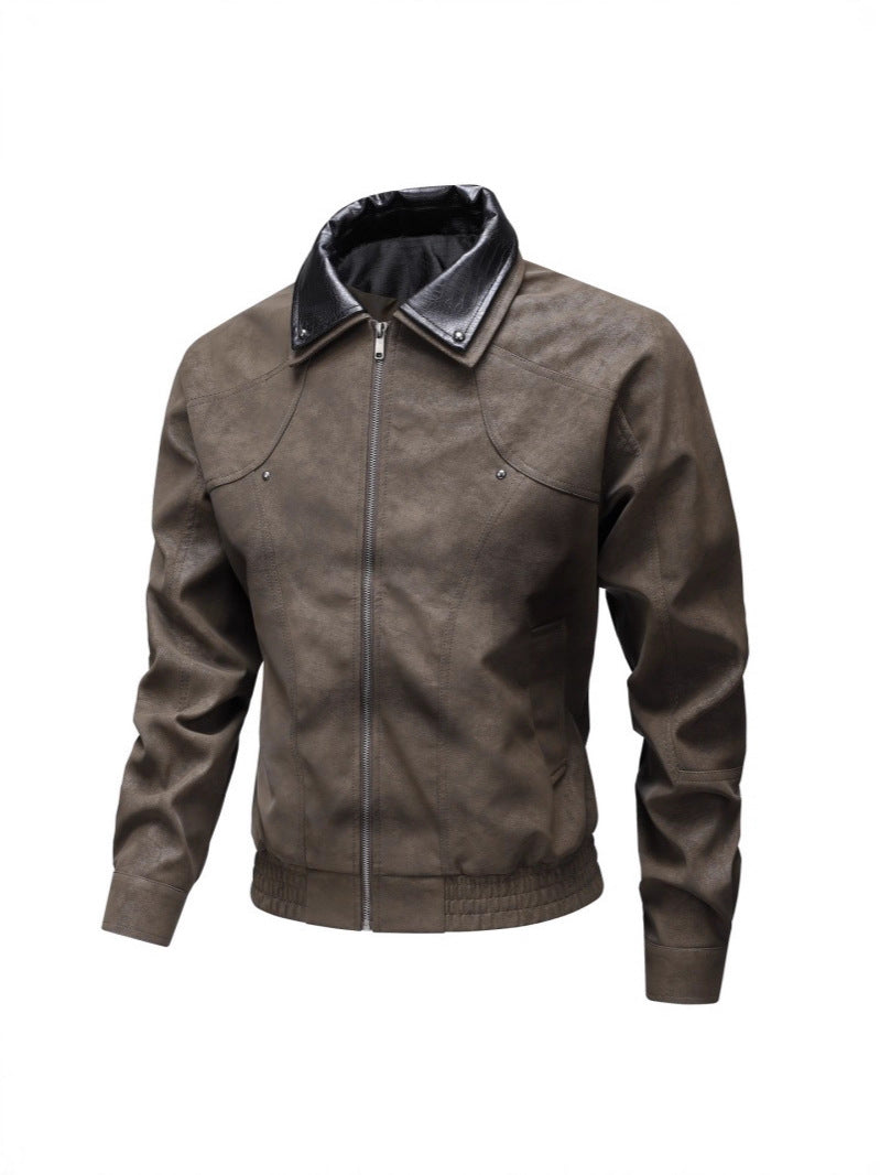 Men's Vintage-inspired Faux Leather Blouson Jacket with Contrast Collar Fashion Glam
