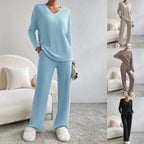 Women Cozy Ribbed Knit Loungewear Set with V-Neck and Wide Leg Fashion Glam
