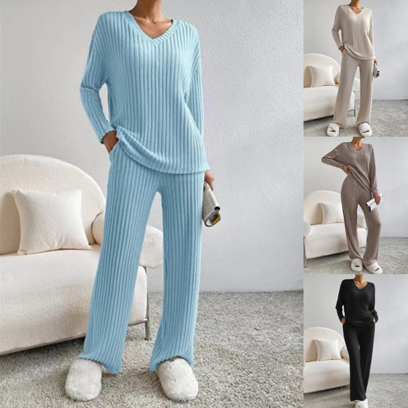 Women Cozy Ribbed Knit Loungewear Set with V-Neck and Wide Leg Fashion Glam