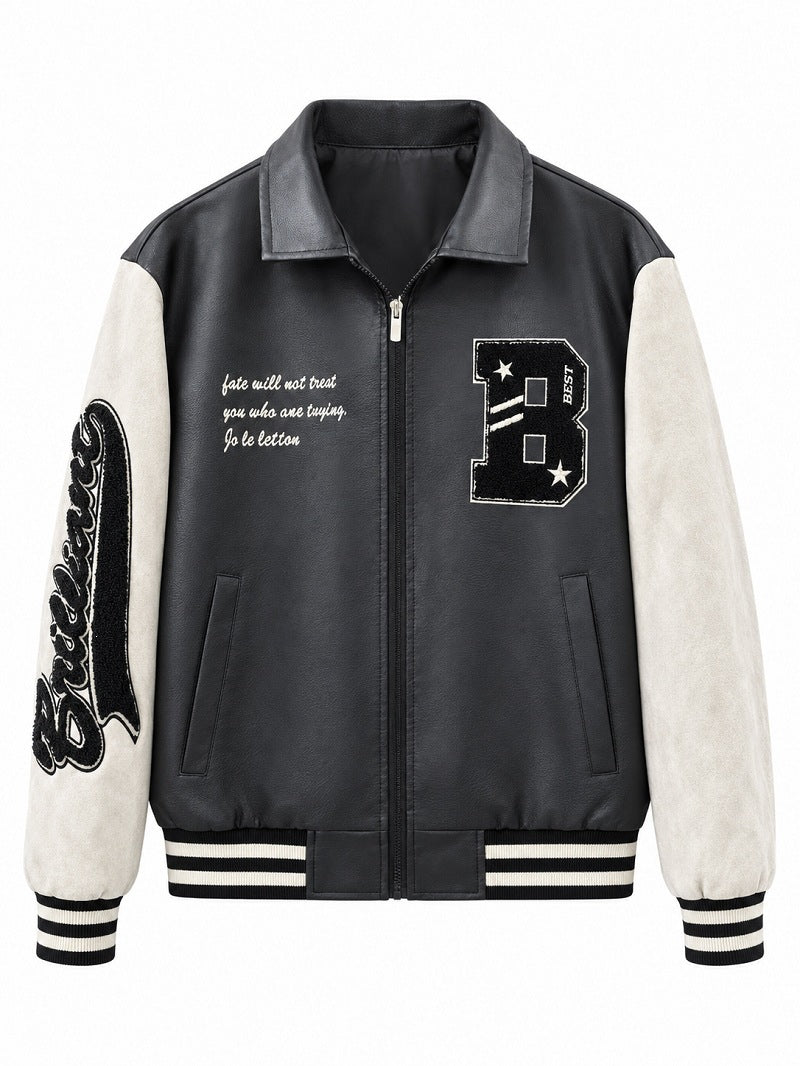 Men's Retro Style Letterman Jacket with Faux Leather Body and Suede Sleeves Fashion Glam