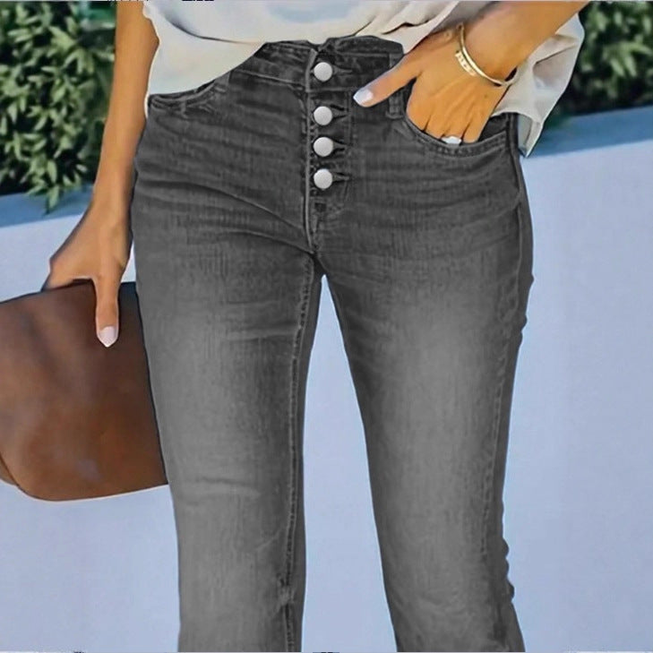 Ladies high-waisted flare jeans with decorative button placket and sculpting fit Fashion Glam