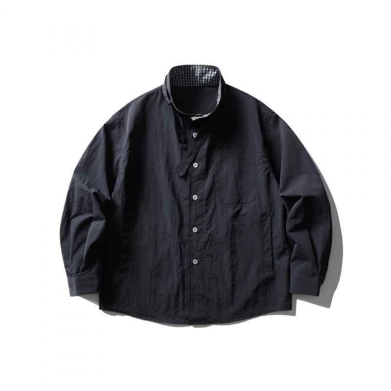 Unisex Wide Crinkle Shirt with High Standing Collar and Concealed Button Placket Fashion Glam