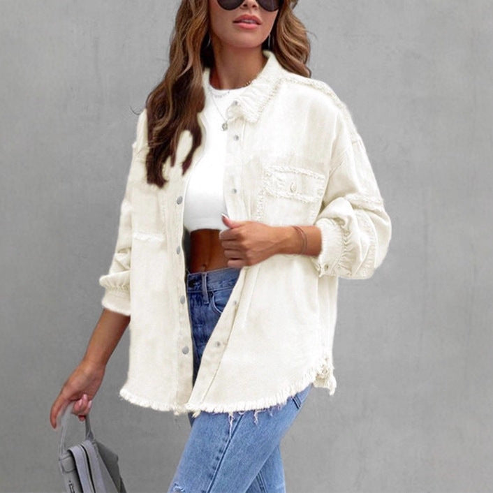 Women's Casual Denim Shirt-Style Jacket with Raw Edge and Snap Button Placket Fashion Glam