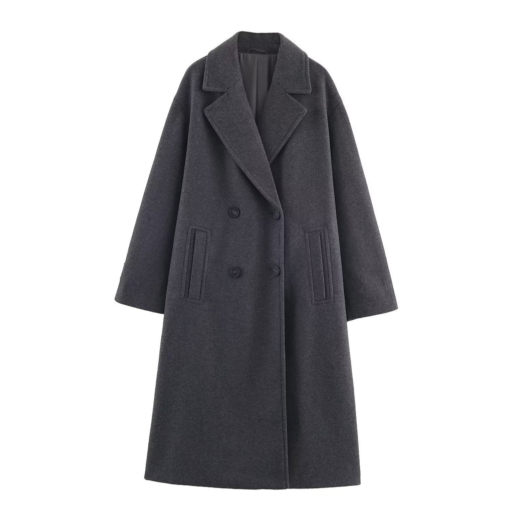 Women's Double-Breasted Oversized Coat with Notched Lapels and In-seam Pockets Fashion Glam