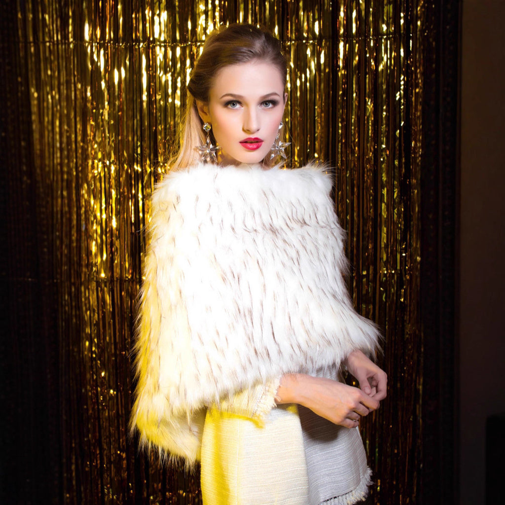 Ladies Sleeveless Faux Fur Shoulder Cape with Dense Plush and Asymmetric Cut Fashion Glam