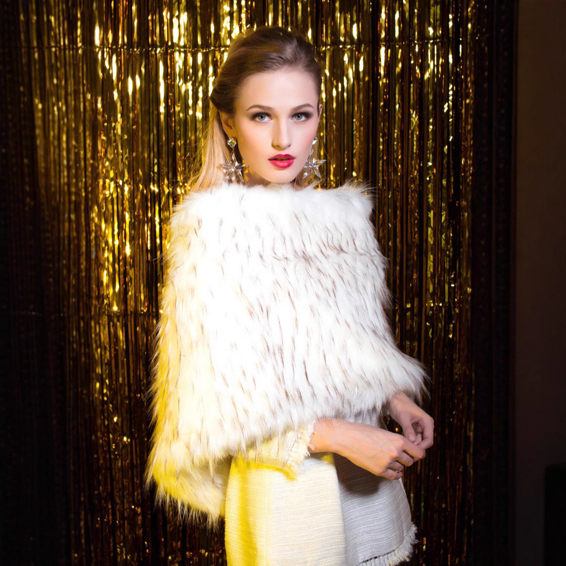 Ladies Sleeveless Faux Fur Shoulder Cape with Dense Plush and Asymmetric Cut Fashion Glam