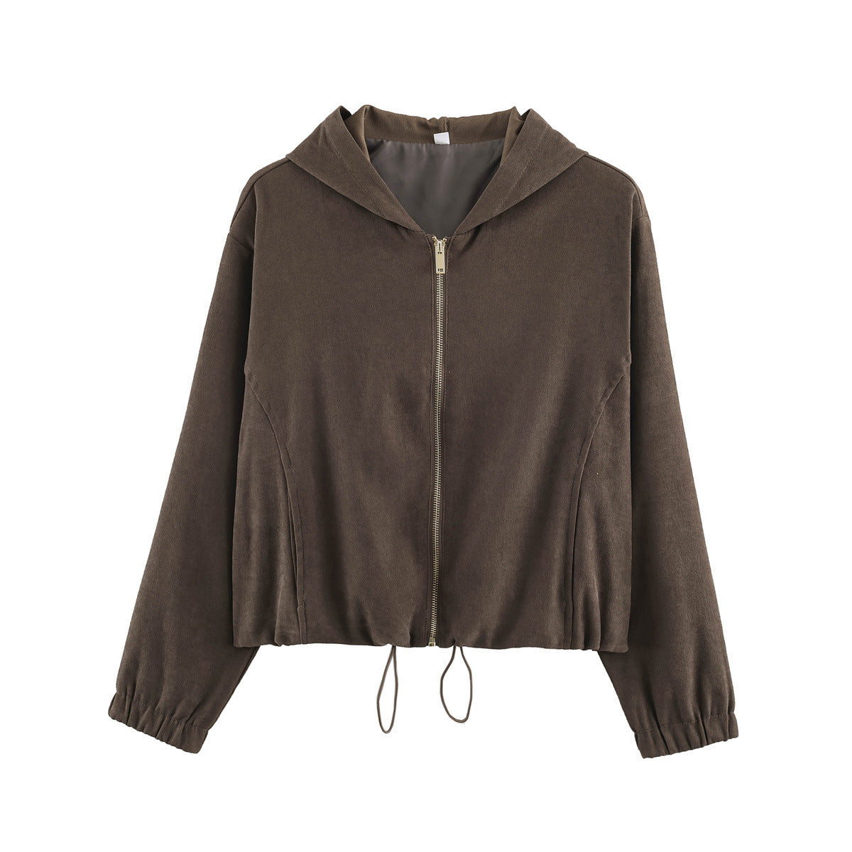Women's short jacket in velour look with hood, full-length zipper and drawstring hem Fashion Glam
