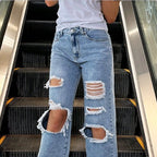 Women's High-Waist Baggy Jeans with large knee rips and straight leg Fashion Glam