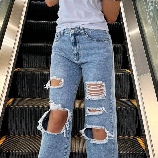 Women's High-Waist Baggy Jeans with large knee rips and straight leg Fashion Glam