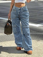 Women's High-Waisted Cargo Denim Pants with Utility Pockets Fashion Glam