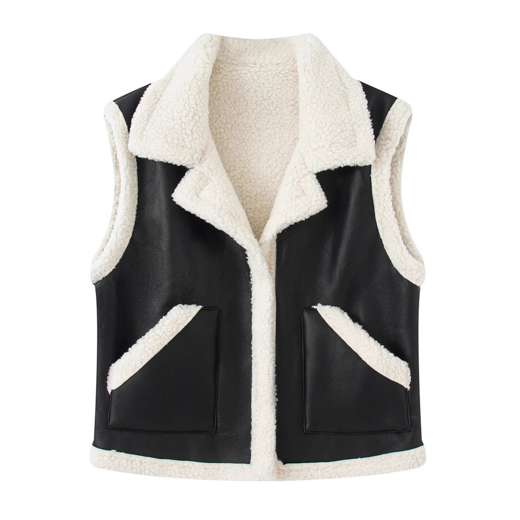 Women's Sleeveless Lambskin Look Vest with Notched Collar and Patch Pockets Fashion Glam