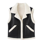 Women's Sleeveless Lambskin Look Vest with Notched Collar and Patch Pockets Fashion Glam