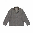 Men's wool blend worker blazer with contrasting leather collar and patch pockets Fashion Glam