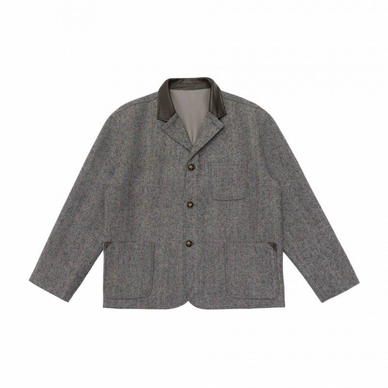 Men's wool blend worker blazer with contrasting leather collar and patch pockets Fashion Glam