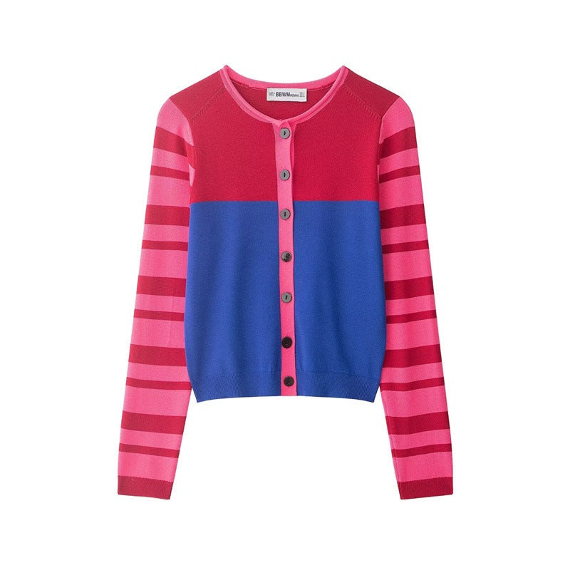 Women Cropped Cardigan with Color Block Design and Striped Sleeves Fashion Glam