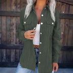 Ladies cord shirt jacket in shacket style with snap button placket and chest pockets Fashion Glam