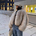 Women's short jacket made of luxurious high-pile faux fur with a boxy silhouette and voluminous sleeves Fashion Glam
