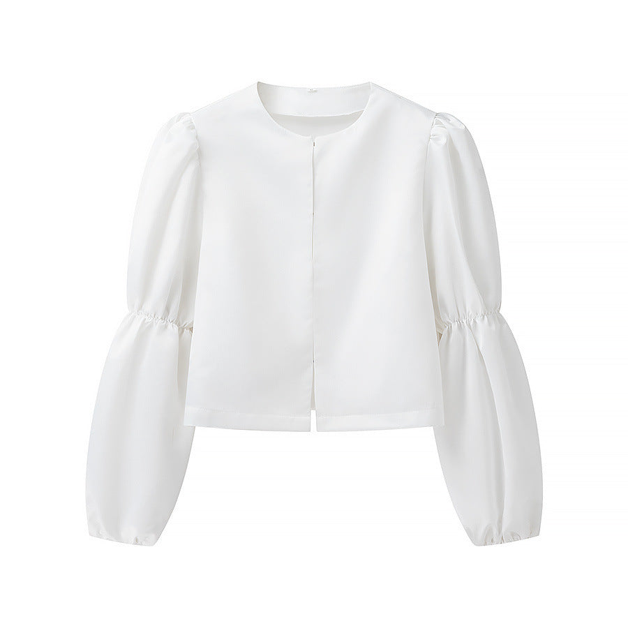 Ladies Glossy Satin Blouse with Voluminous Puff Sleeves Fashion Glam