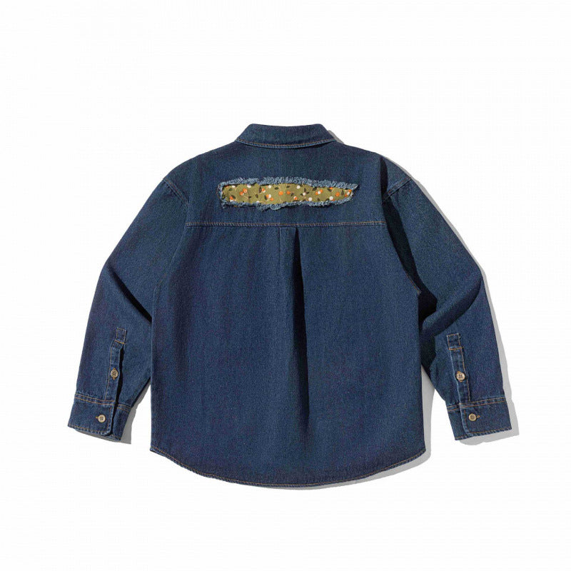 Unisex Boxy Denim Shirt Jacket with Decorative Destroy Applications and Oversized Silhouette Fashion Glam