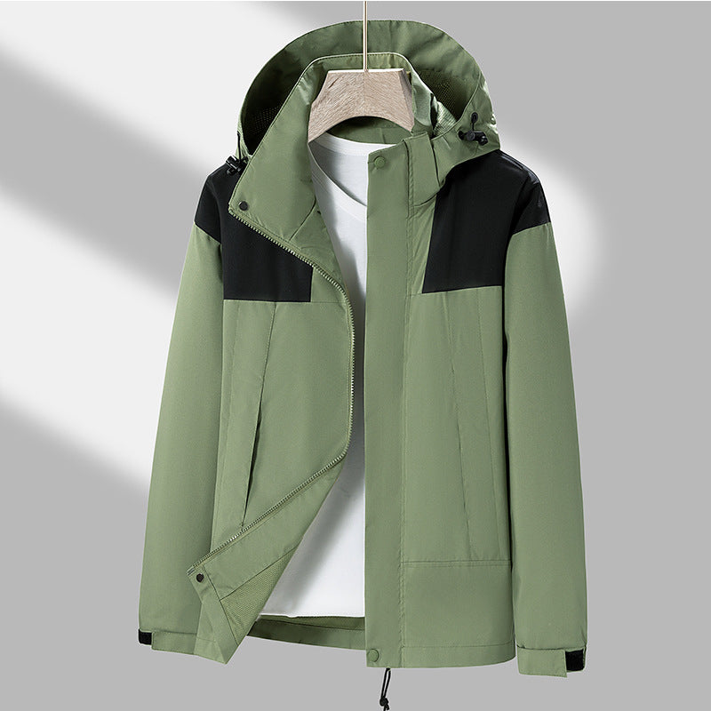 Men's lightweight water-repellent hooded transitional jacket with contrast shoulder panels and drawstring hem Fashion Glam
