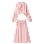 Women's Two-Piece Boho Set with Cropped Ruffle Blouse, Balloon Sleeves and High-Waisted Maxi Skirt Fashion Glam