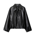 Women's short-cut oversized blouse jacket made of vegan leather with shirt collar and elastic hem Fashion Glam