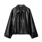 Women's short-cut oversized blouse jacket made of vegan leather with shirt collar and elastic hem Fashion Glam