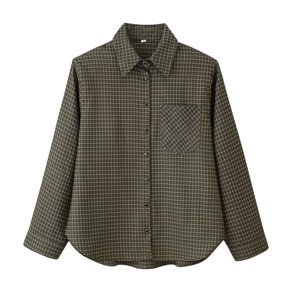 Women Oversize Check Shirt with Chest Pocket and Curved Hem Fashion Glam