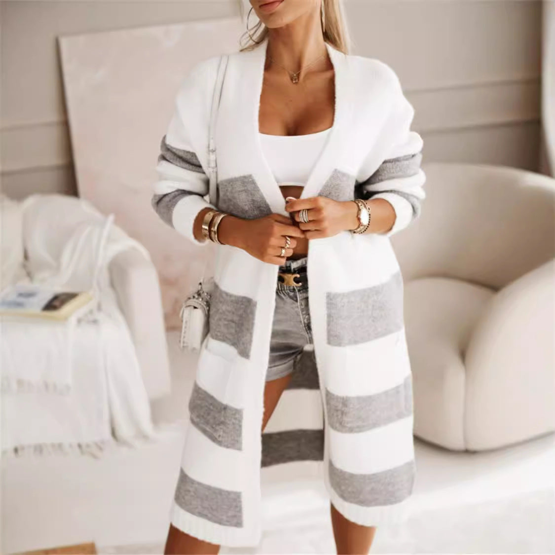 Women's casual knitted coat with large stripes Fashion Glam