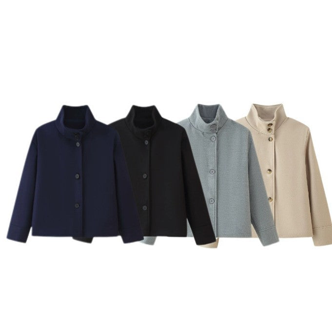 Women's 9800+ short boxy wool blend jacket with high funnel collar, asymmetrical button placket and adjustable cuffs Fashion Glam
