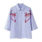 Women Oversized Shirt Blouse with Pinstripes, Palm Embroidery and Three-Quarter Sleeves Fashion Glam