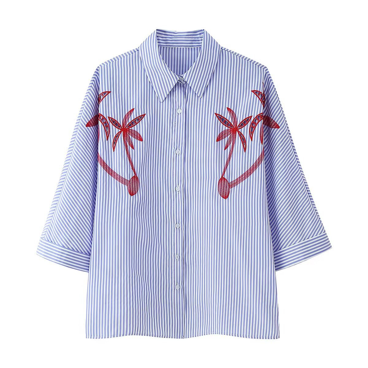 Women Oversized Shirt Blouse with Pinstripes, Palm Embroidery and Three-Quarter Sleeves Fashion Glam