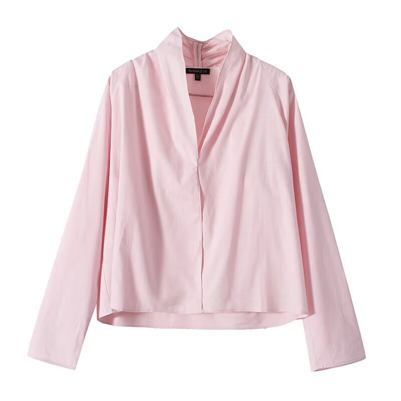 Women's Lightweight Viscose Blouse with Open Shawl Collar and Boxy Silhouette Fashion Glam