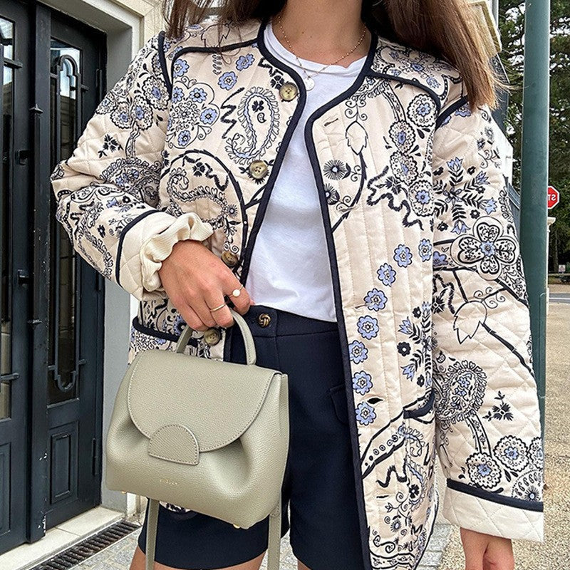 Women's Quilted Boxy Quilted Jacket with Paisley Print and Contrasting Piping Fashion Glam