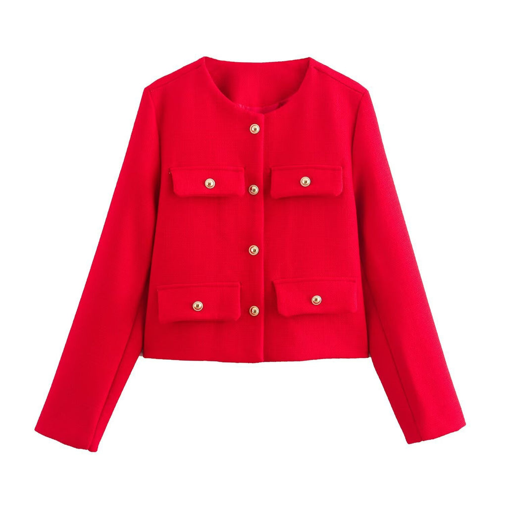 Women Short-Cut Boucle Blazer with Round Neckline, Four Flap Pockets and Gold Decorative Buttons Fashion Glam