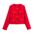 Women Short-Cut Boucle Blazer with Round Neckline, Four Flap Pockets and Gold Decorative Buttons Fashion Glam