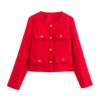 Women Short-Cut Boucle Blazer with Round Neckline, Four Flap Pockets and Gold Decorative Buttons Fashion Glam
