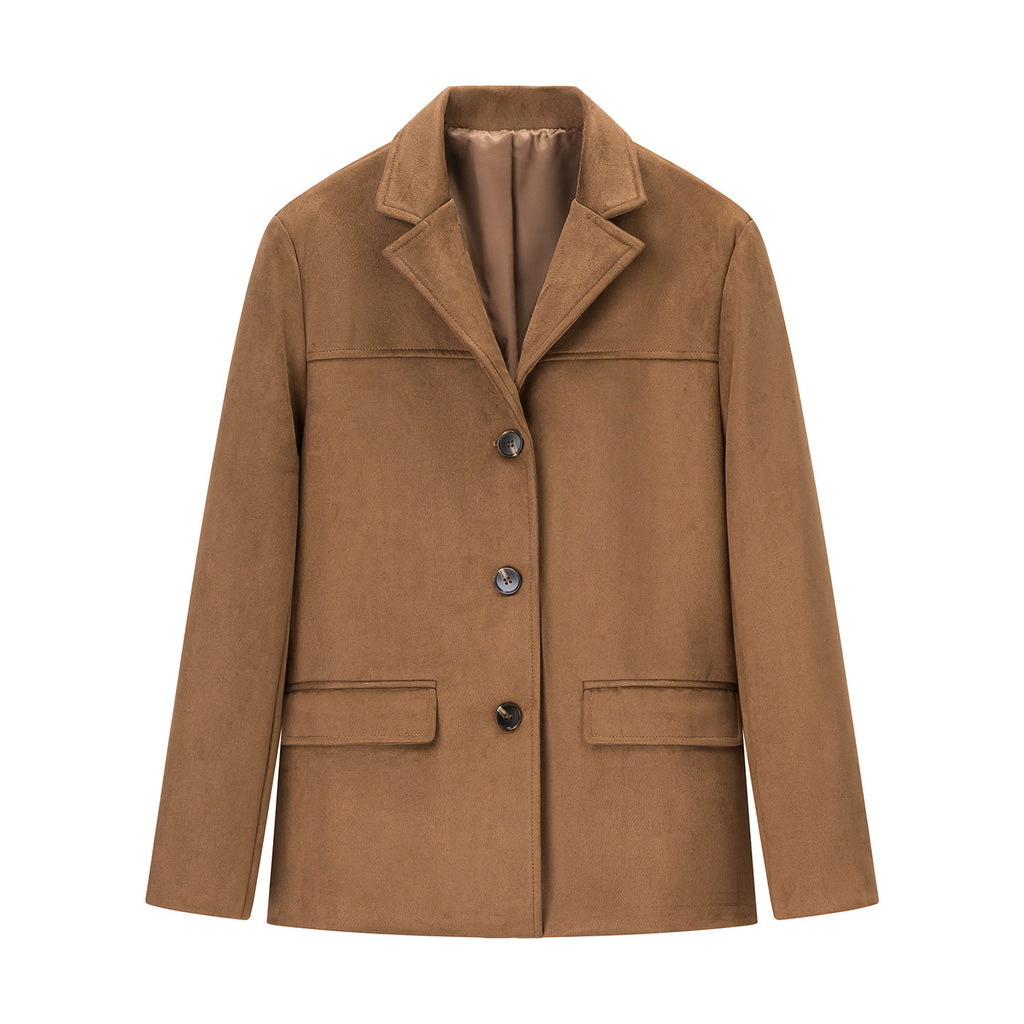Women's short coat in blazer style made of suede imitation with lapel collar and patch pockets Fashion Glam