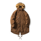 Men's Quilted Parka in Fish Tail Cut with Detachable Faux Fur Hood and Thermal Lining Fashion Glam