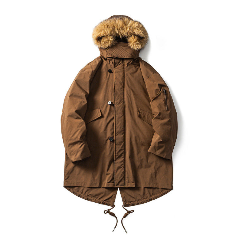 Men's Quilted Parka in Fish Tail Cut with Detachable Faux Fur Hood and Thermal Lining Fashion Glam