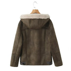 Women's Hooded Lambskin Imitation Bomber Jacket with Teddy Lining and Zip Fashion Glam