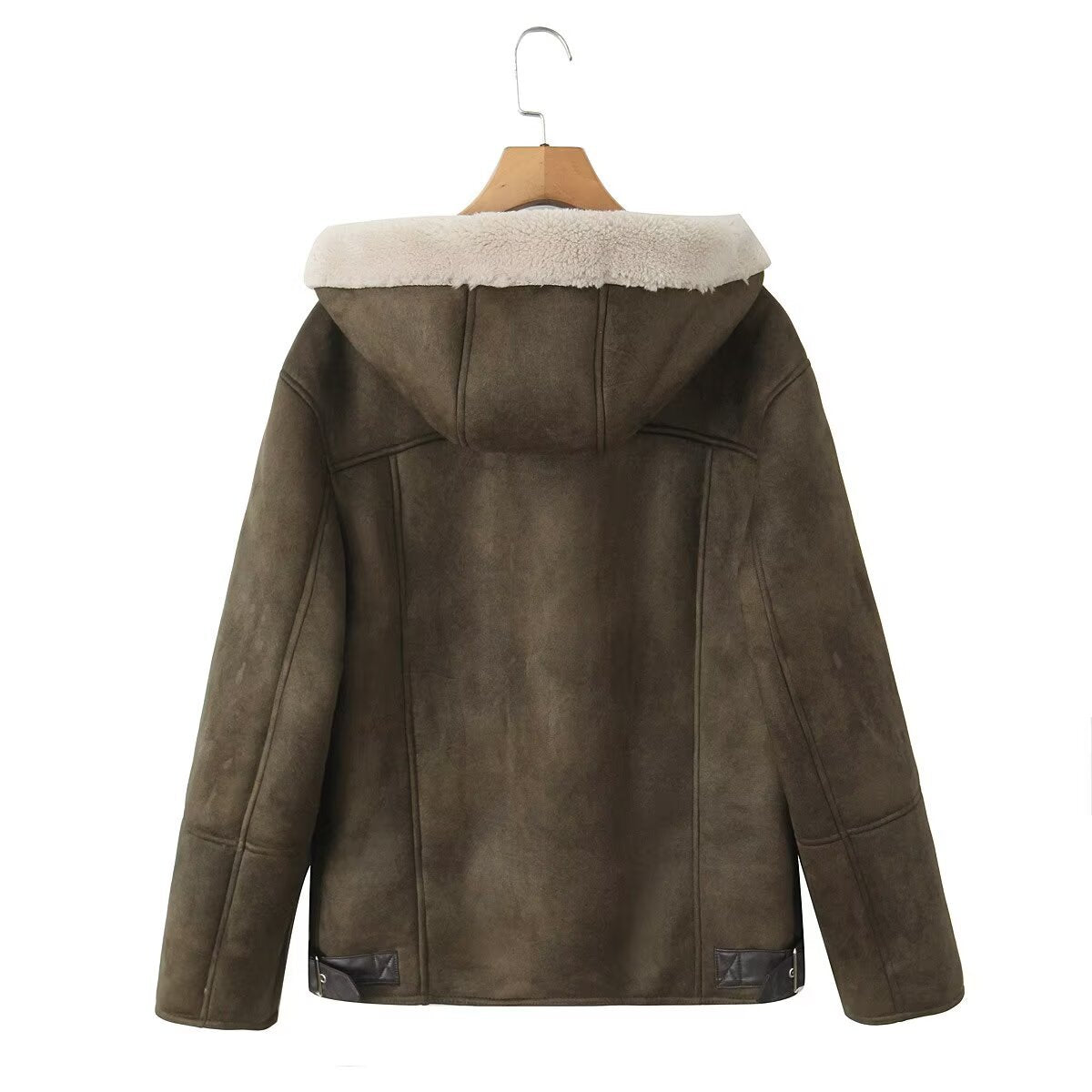 Women's Hooded Lambskin Imitation Bomber Jacket with Teddy Lining and Zip Fashion Glam