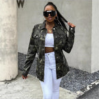 Women Oversize Camouflage Denim Jacket in Extended Cut with Frayed Hem Fashion Glam