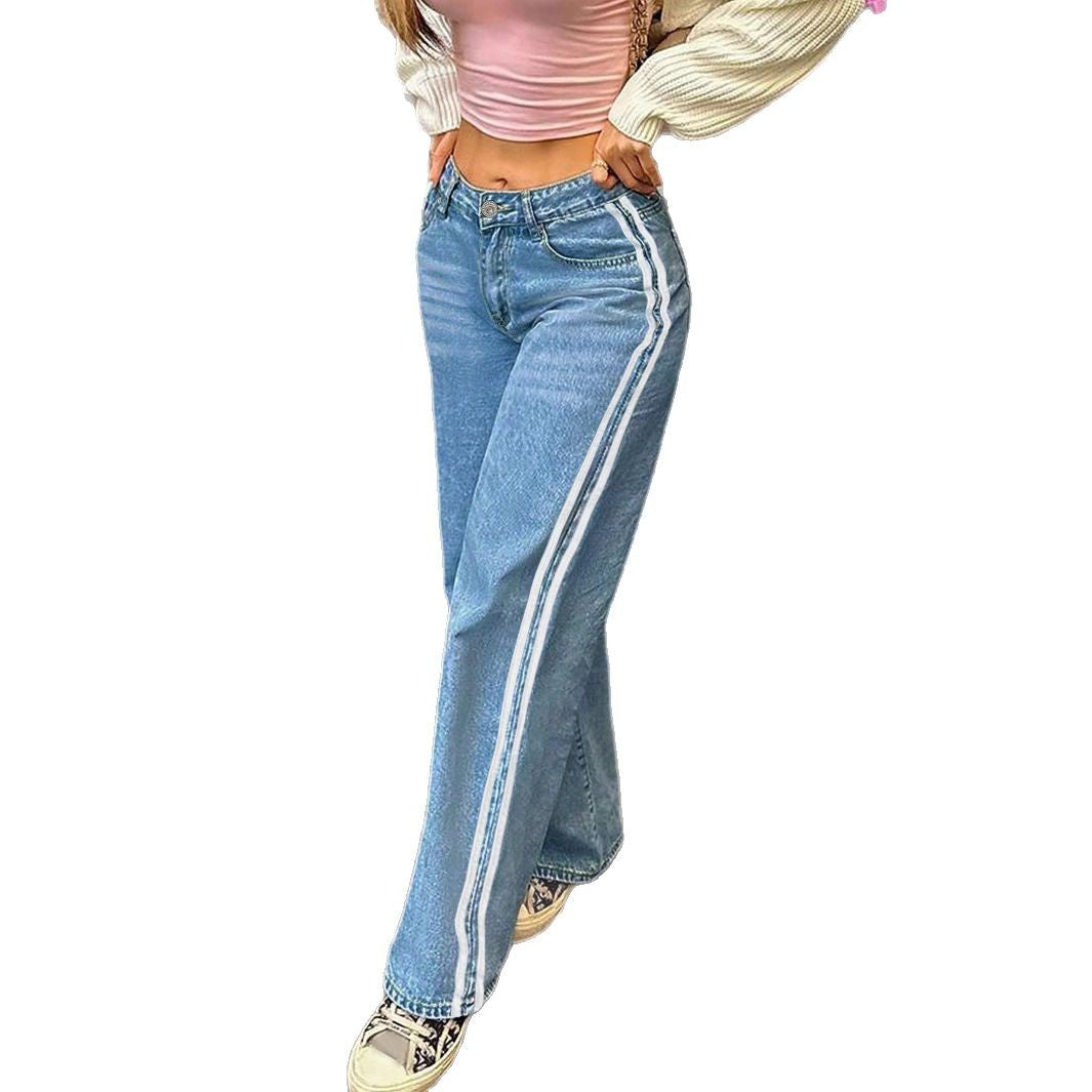 Ladies wide denim jeans with sporty side stripe Fashion Glam