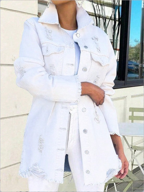 Ladies Longline Denim Jacket with Destroyed Details and Fringed Hem Fashion Glam