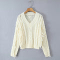 Women's Chunky Knit V-Neck Sweater with Cable Pattern and Fringes Fashion Glam