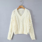 Women's Chunky Knit V-Neck Sweater with Cable Pattern and Fringes Fashion Glam