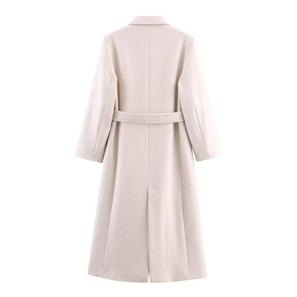 Women Long Tailored Wool Blend Coat with Tie Belt and Lapel Collar Fashion Glam